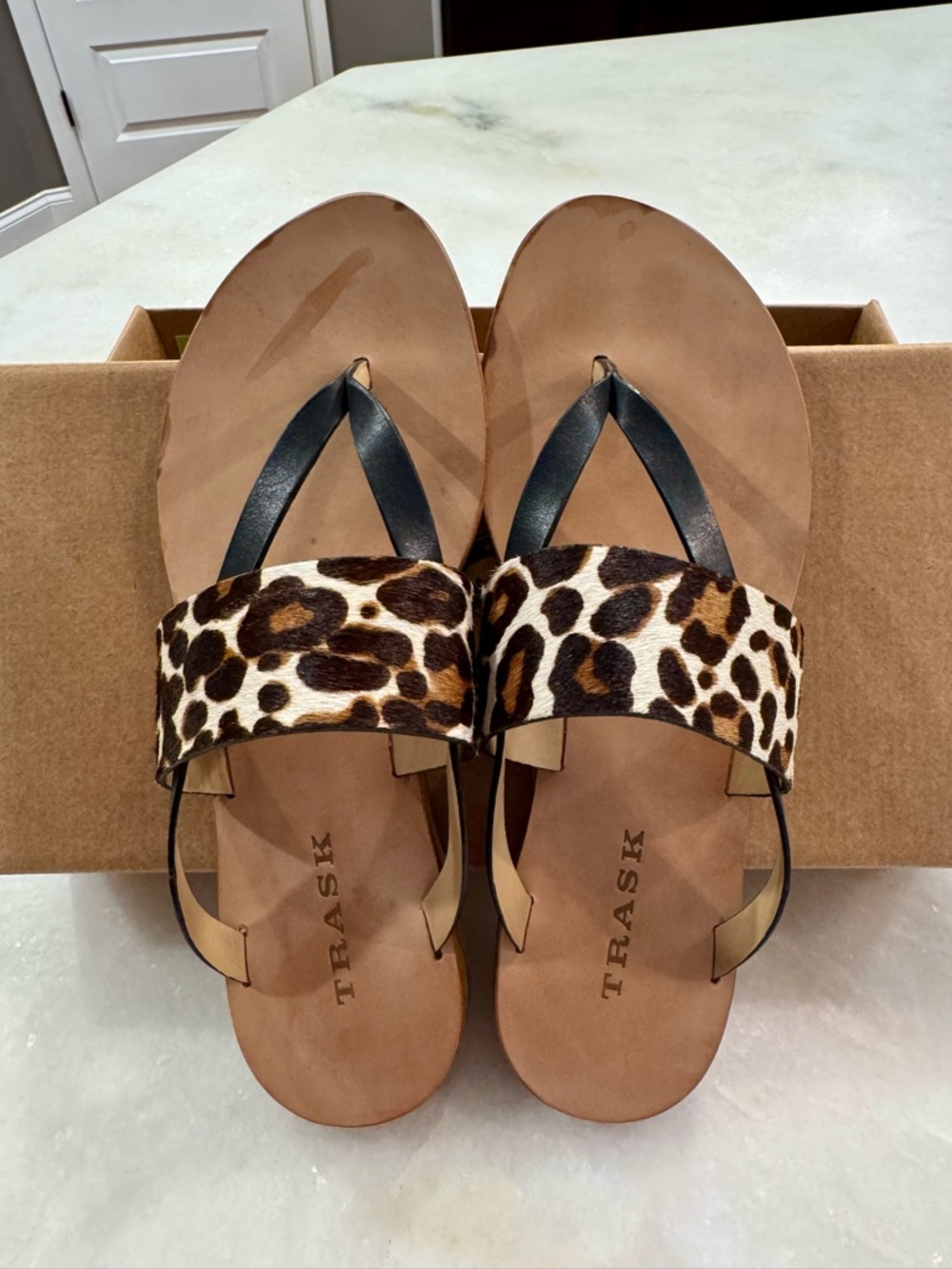 Trask Leather Calf Hair Leopard Print Sandals